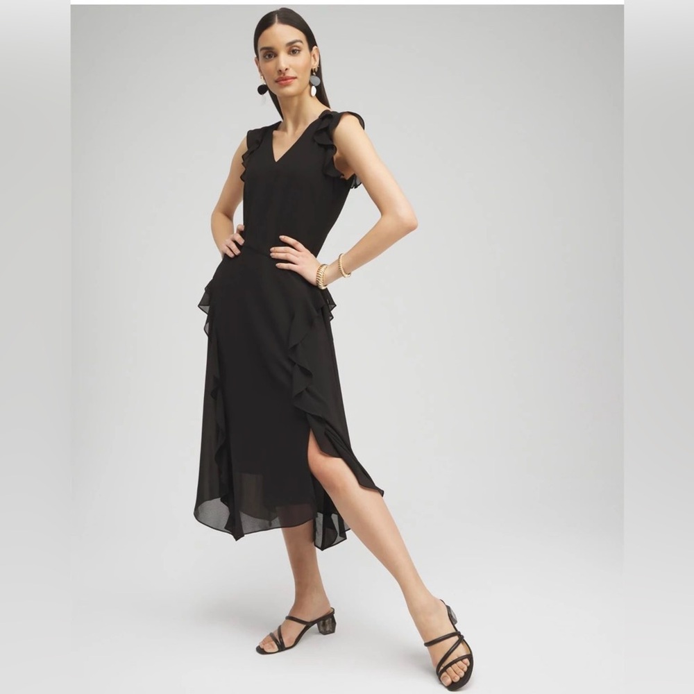 Chico’s Chiffon Ruffle Midi Dress SZ 3.5 US XL Cap Sleeve V Neck Back Zipper BLK